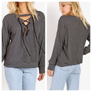 LNA Waffle Lace Up Gray Sweater